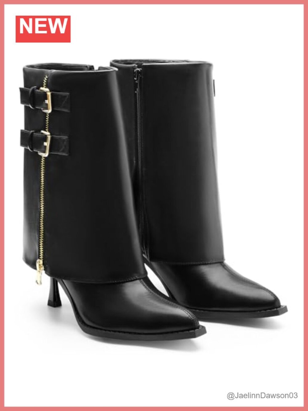 Women's Fold Over Stiletto Heel Side Zip Mid Calf Boots Faux Leather